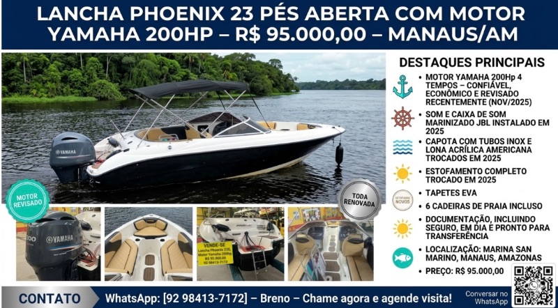 LANCHA PHOENIX 23 PÉS COM MOTOR YAMAHA 200HP R$ 95.000,00